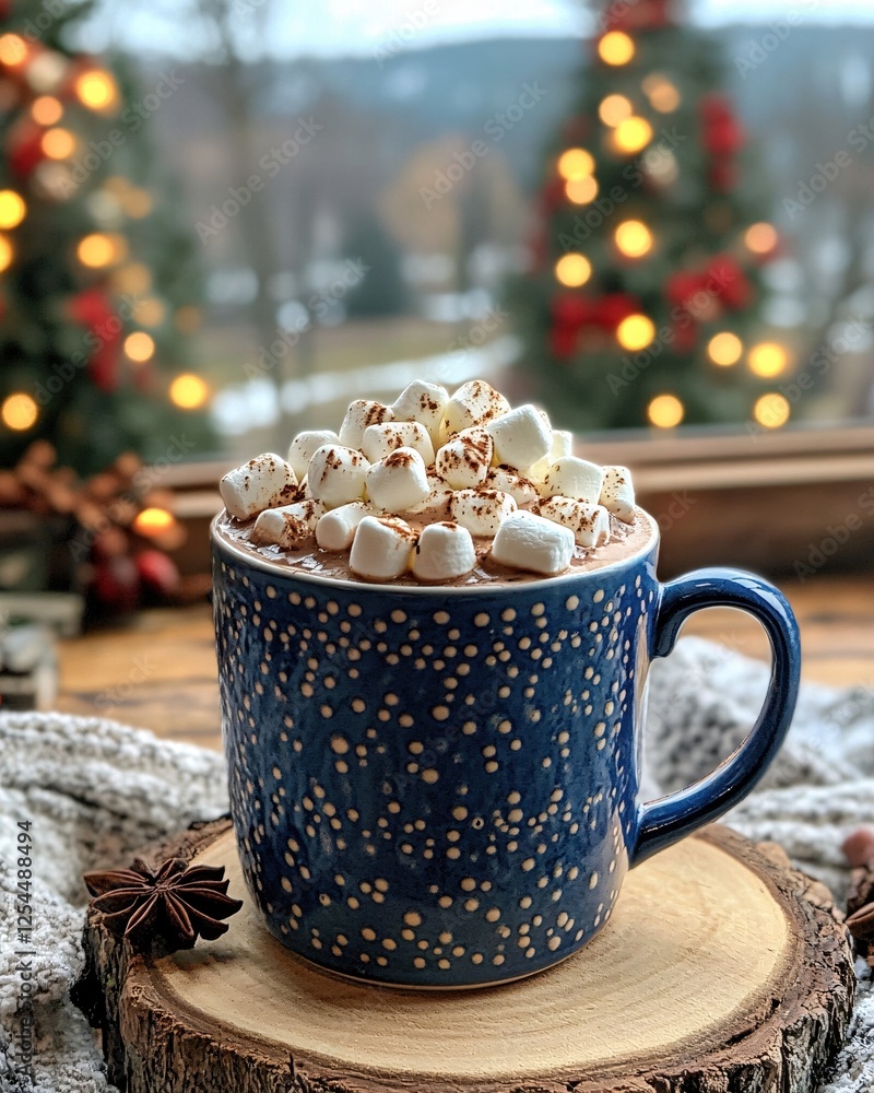Poster warm cocoa with marshmallows on a wooden slice with christmas tree lights in the background