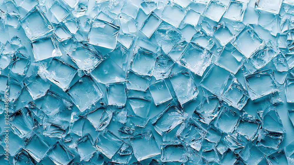 Poster Close up of transparent ice cubes with noticeable textures and reflections, creating cool and refreshing visual. Perfect for beverage or cooling concepts