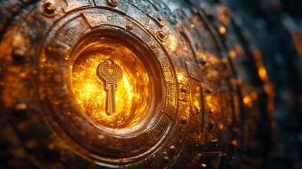 Close-up of vault door keyhole golden key inserted warm golden glow filling the frame
