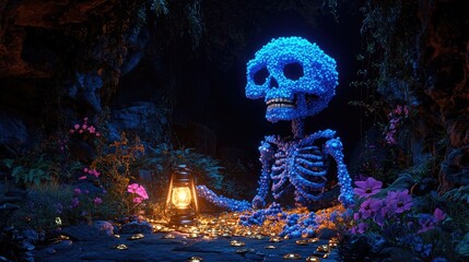 A glowing skeleton made of flowers sits in a dark cave, holding a lantern surrounded by vibrant flora