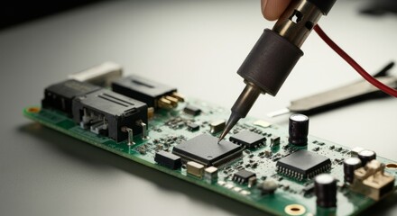 A person is working on a circuit board with a soldering iron