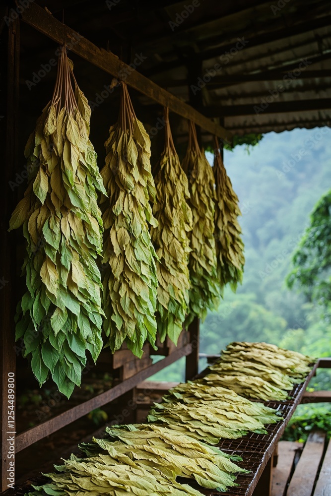 Poster hanging bundles of drying leaves and leaves on rack with forest background in a rustic setting