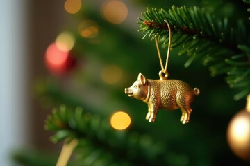 A delicate golden pig charm hangs from a slender branch of a decorated evergreen Christmas tree, xmas tree details, seasonal decor, ornamental