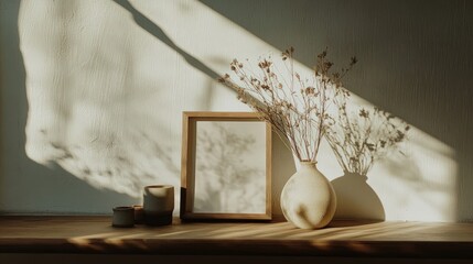 Simple Wooden Frame Rests on Shelf with Dried Flowers in Vase with Sunlight and Shadow Creates a Warm and Inviting Home Decor Still Life Composition