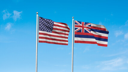 Hawaii and American Flag together. High detailed waving flag of Hawaii and USA. Hawaii state flag. USA. 3D Illustration.