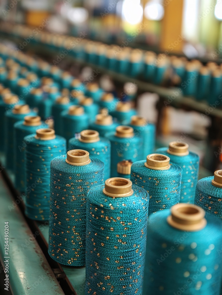 Poster rows of teal thread spools with gold accents in a textile factory ready for weaving process