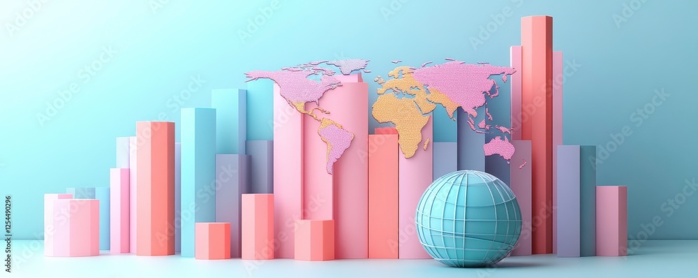 Poster a colorful bar graph against a world map backdrop, showcasing data visualization trends with a globe