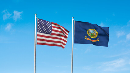 Idaho and American Flag together. High detailed waving flag of Idaho and USA. Idaho state flag. USA. 3D Illustration.