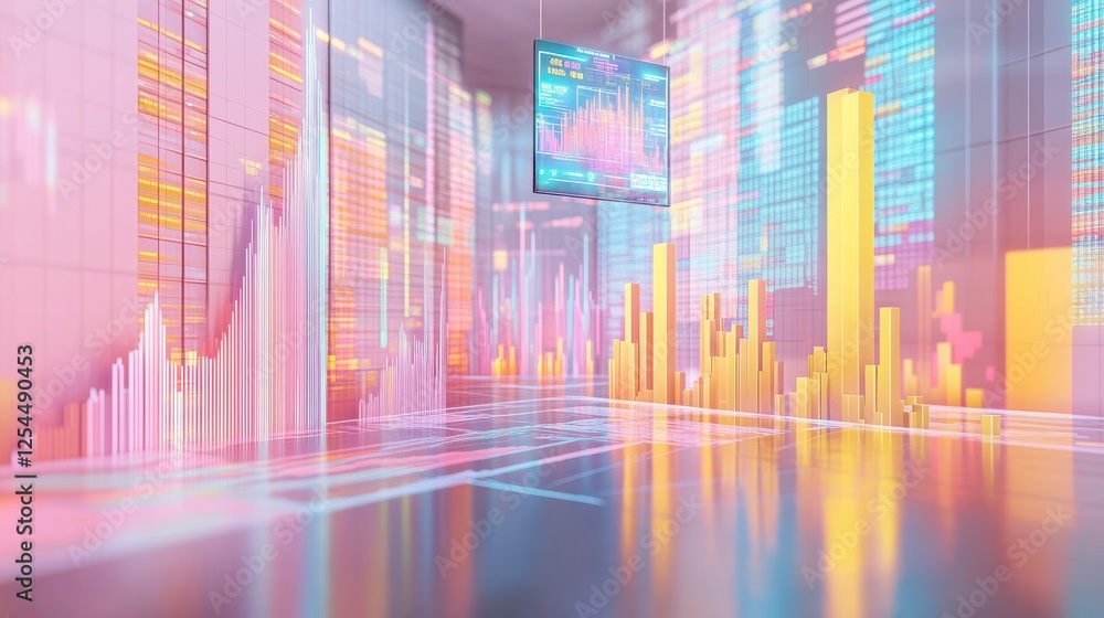 Poster a vibrant digital landscape featuring colorful graphs and data visualizations, suggesting financial 