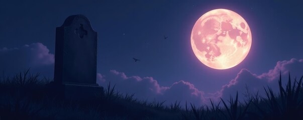 Naklejka premium A lone gravestone under the large moon's light, eerie, night, tombstone