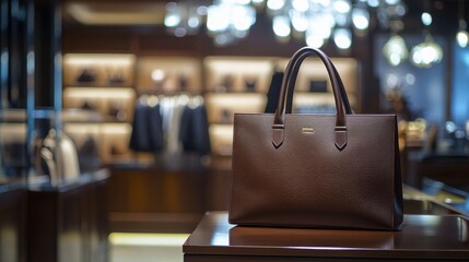 upscale shopping service, professional fashion consultant pose, structured leather tote, formal attire details, high-end store interior, sophisticated retail space, luxury display cabinets, bokeh