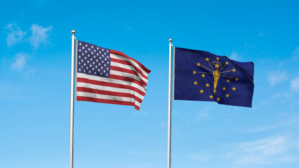 Indiana and American Flag together. High detailed waving flag of Indiana and USA. Indiana state flag. USA. 3D Illustration.