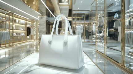 premium shopping service, fashion consultant portraiture, structured white bag, formal retail presentation, elegant store lighting, luxury interior design, golden display elements, professional