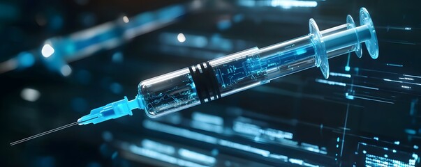 A close-up view of a blue syringe against a dark background, highlighting its intricate design and functionality in medical and scientific applications.