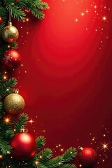 A sparkly festive red background featuring ornaments, garlands, and other holiday decorations, ornaments, lights