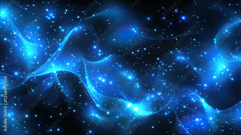Poster mysterious blue waves with sparkling particles in deep space