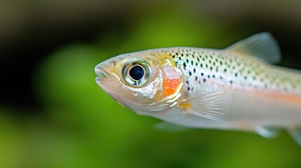Young trout swimming, close-up, aquatic plants background, nature