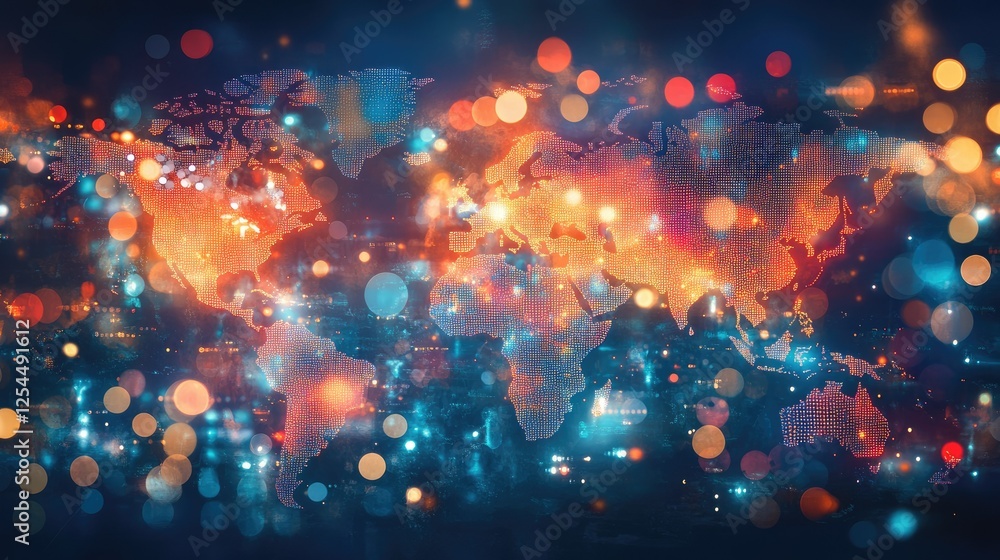Poster colorful abstract global map with blurred lights and bokeh effects