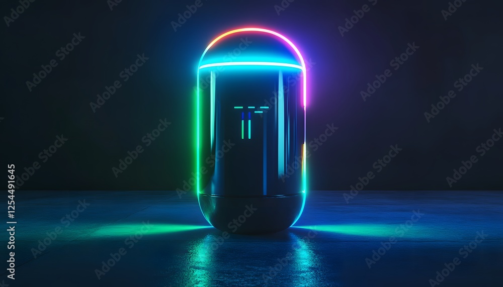 Poster a futuristic capsule illuminated by vibrant neon lights against a dark background. the sleek design 