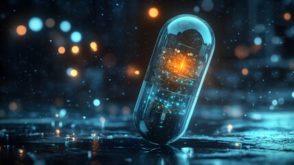 A futuristic capsule glows amidst a misty backdrop, symbolizing advanced technology in medicine. The intricate design invites curiosity about its contents and purpose.