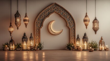 Fototapeta premium Beautiful Ramadan frame with geometric Islamic motifs, crescent moon, and lanterns, isolated on a plain background 