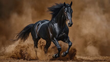 Majestic black horse galloping through a dusty landscape, showcasing speed and power