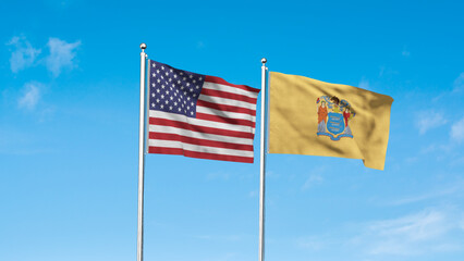 New Jersey and American Flag together. High detailed waving flag of New Jersey and USA. New Jersey state flag. USA. 3D Illustration.