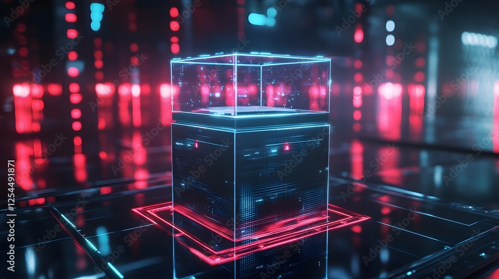 Poster a futuristic digital cube surrounded by vibrant neon lights, representing innovation and technology 