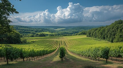 Naklejka premium Expansive vineyard landscape under a dramatic sky with rolling hills and lush greenery