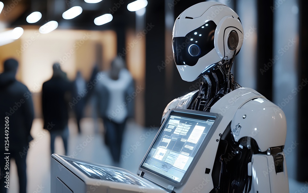Poster a futuristic robot stands in a modern urban environment, displaying advanced technology. the robotic