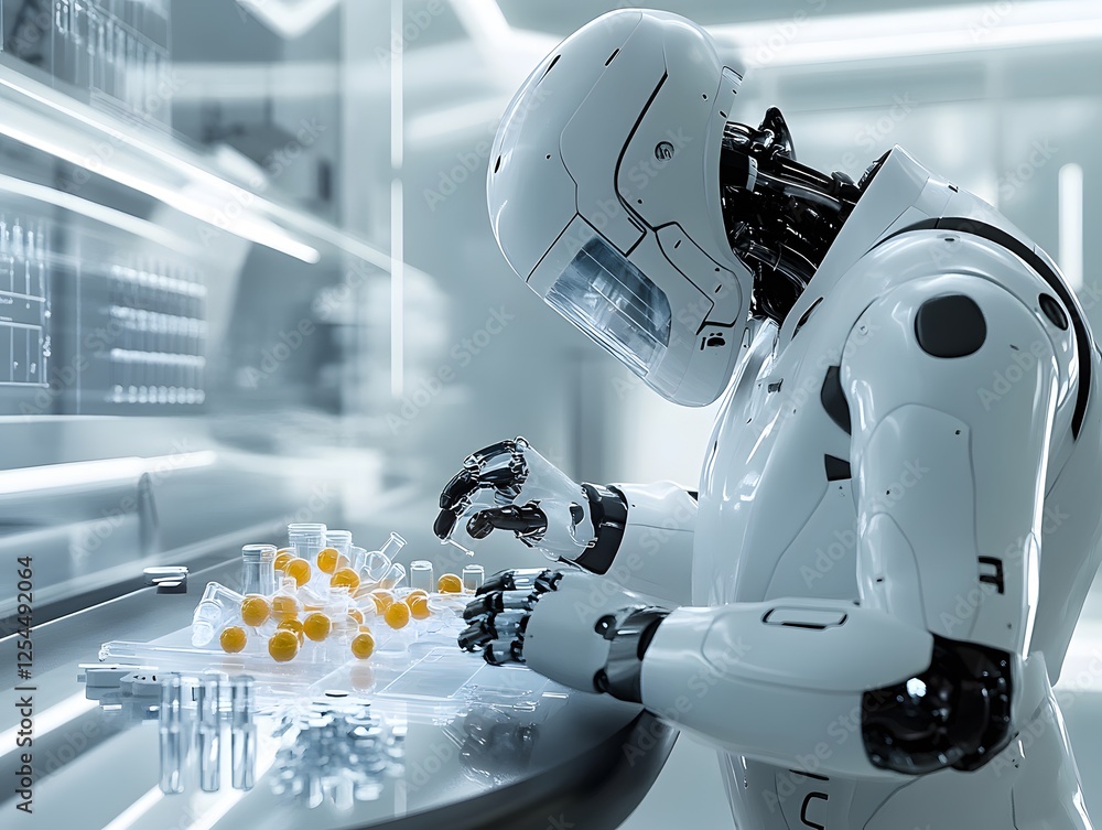 Poster a futuristic robot working diligently in a high-tech laboratory, manipulating colorful chemical comp