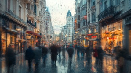 Fototapeta premium city center photography, blurred movement capture, busy shopping avenue, architectural contrast, urban retail district, afternoon shopping rush, pedestrian zone, historical street scene, commercial