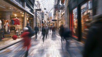 metropolitan street scene, motion capture technique, shopping district atmosphere, mixed urban architecture, stone paved walkway, crowd movement blur, city lifestyle photography, dynamic retail