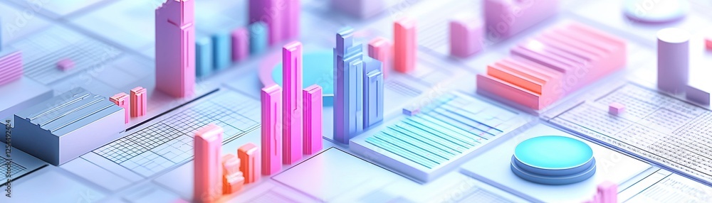 Poster a vibrant, 3d visualization of data charts and graphs in various colors, illustrating trends and ana