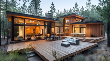 Obraz premium A modern vacation home with large open spaces, a beautiful wooden deck, and seamless indoor-outdoor living