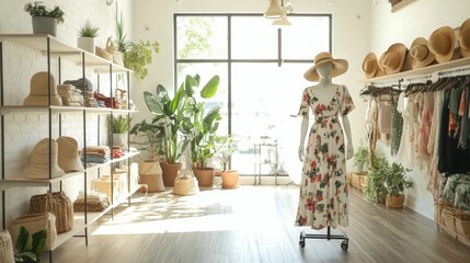 bright boutique interior with white walls, hardwood flooring, floral dress mannequin, rolling clothing rack, metal display shelves, indoor plants, straw hat decor, natural window lighting, minimalist
