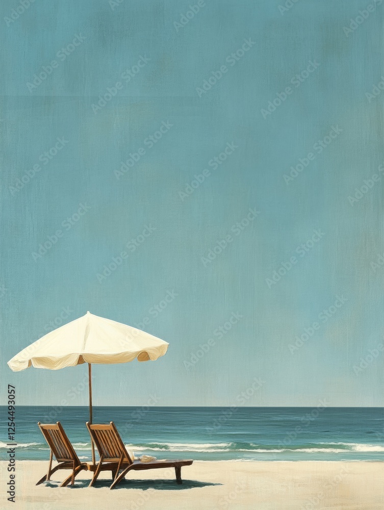 Aufkleber relaxing at a minimalistic beach with a lounge chair and umbrella under a clear blue sky and calm oc