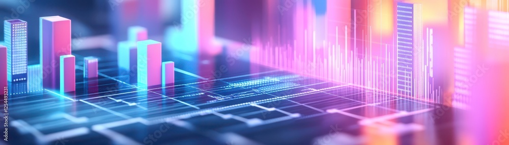 Poster a vibrant digital visualization of data trends, featuring colorful bar graphs and dynamic elements, 