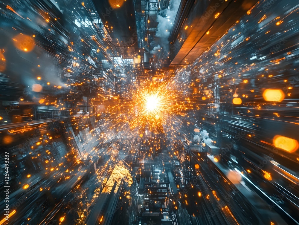 Poster a stunning digital artwork depicting an explosion of light and patterns, representing advanced techn