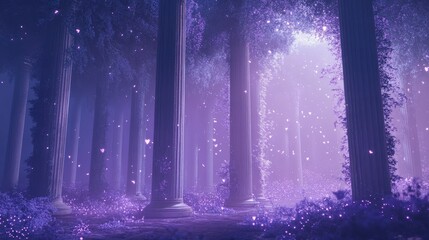 Enchanted Forest with Columns and Purple Glowing Lights at Dawn