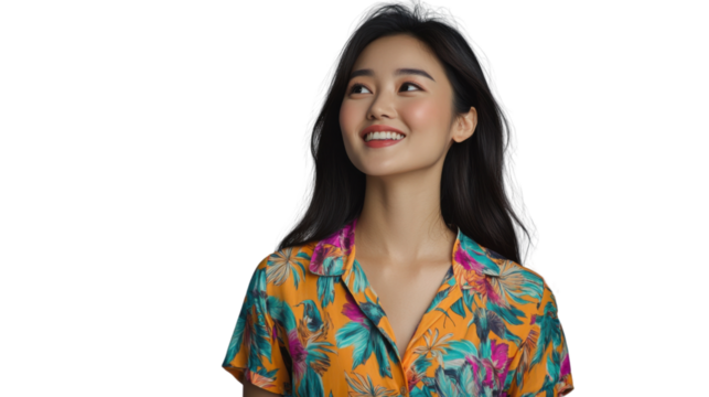 Smiling young woman looking up on transparent background