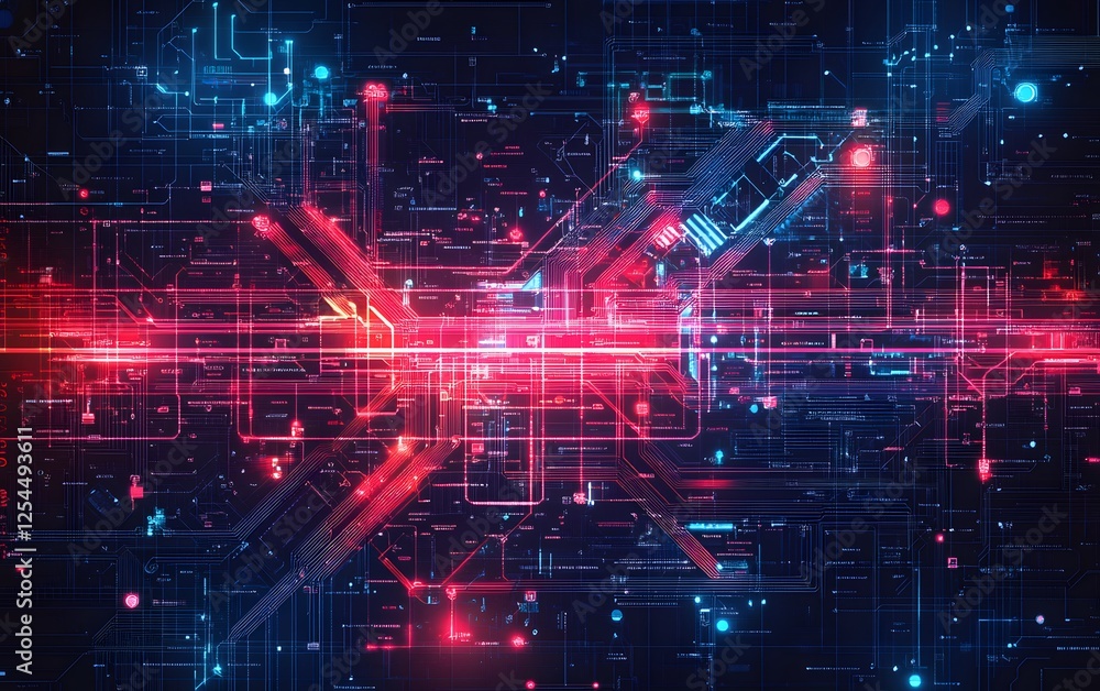 Poster a vibrant digital network visualization showcasing intricate patterns of red and blue light