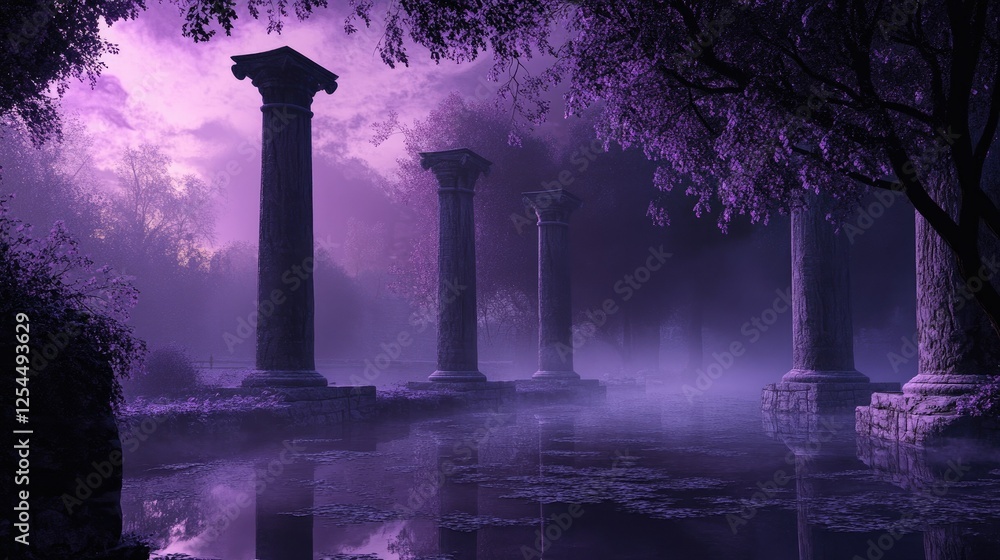 Aufkleber mystical twilight scene with ancient columns and foggy reflection