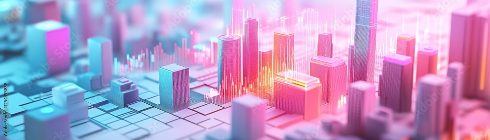 Poster a vibrant, digital cityscape with colorful skyscrapers and data visualizations representing technolo
