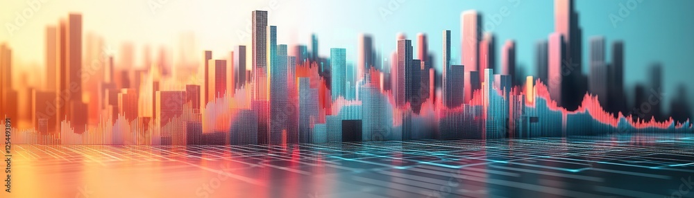 Poster a vibrant city skyline with abstract data visualization, featuring colorful graphs and reflections o