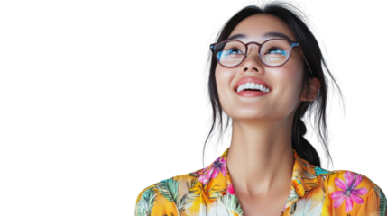 Young woman wearing glasses smiling and looking up on transparent background