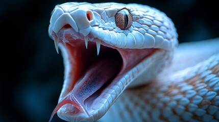 Fototapeta premium A Sinister Beauty: Close-Up of an Albino Snake Displaying its Fangs and Forked Tongue, Revealing Raw Power and a Glimpse into Nature's Deadly Elegance