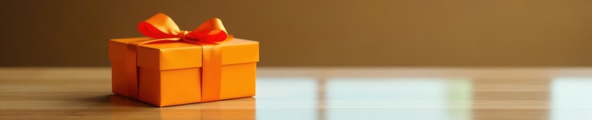 Elegant orange gift box placed on a clear glass surface with simple wooden table behind, minimalist, wooden