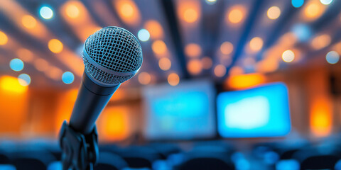 Engaging public speaking event at a conference venue microphone setup informative content professional environment close-up view communication skills