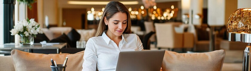 A woman works on a laptop in a stylish, modern cafe, surrounded by elegant decor and warm lighting, focused and engaged in her tasks.